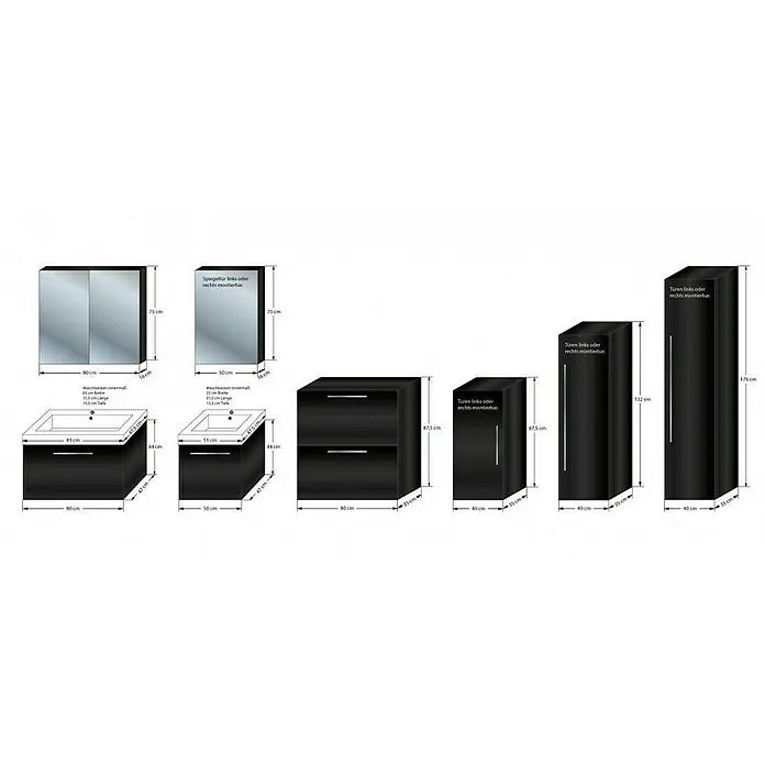 AcquaVapore Spiegelschrank Fertigdusche City-SPS-B080-F07-LED - B x H: 16 x 75 cm - Schwarzes Badezimmermöbel-Set mit verschiedenen Schränken, Spiegelschränken und einem Waschbeckenunterschrank, alle mit Maßen.