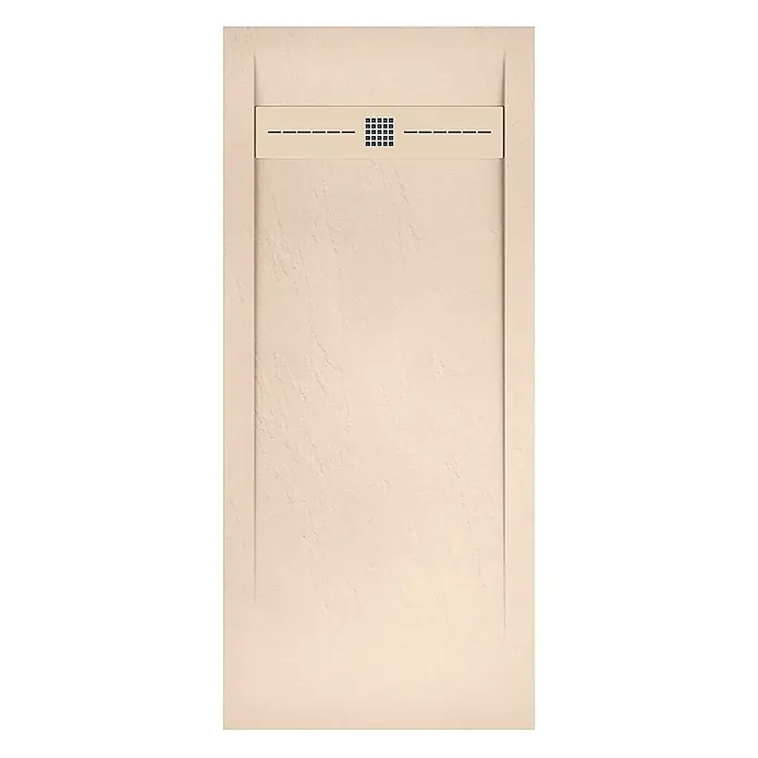 Poalgi Duschwanne Gneis - L x B: 160 x 90 cm, Verbundwerkstoff, Perla - Rechteckige beige, texturierte Duschwanne mit linearem Ablaufrost und zentralem Gittermuster.