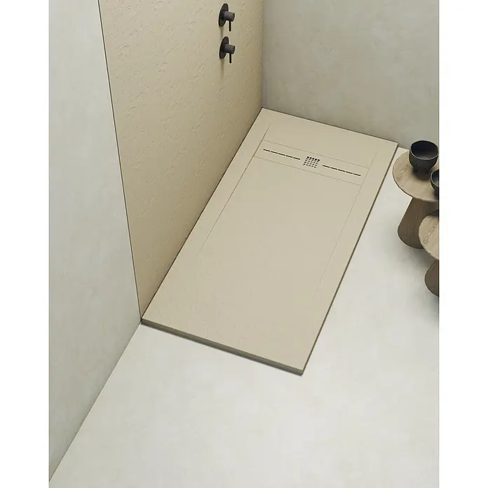 Poalgi Duschwanne Gneis - L x B: 160 x 90 cm, Verbundwerkstoff, Perla - Rechteckige beige Duschwanne mit texturierter Oberfläche und integriertem Linienablauf.