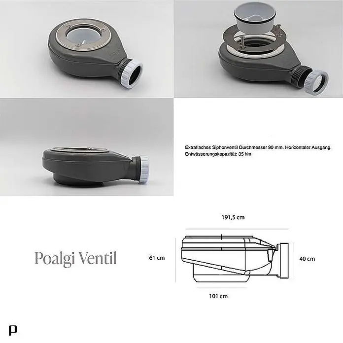 Poalgi Duschwanne Gneis - L x B: 100 x 70 cm, Verbundwerkstoff, Grau - Dunkelgraues, extraflaches Siphonventil (90mm) mit horizontalem Abgang. Entwässerungskapazität: 35 l/min.
