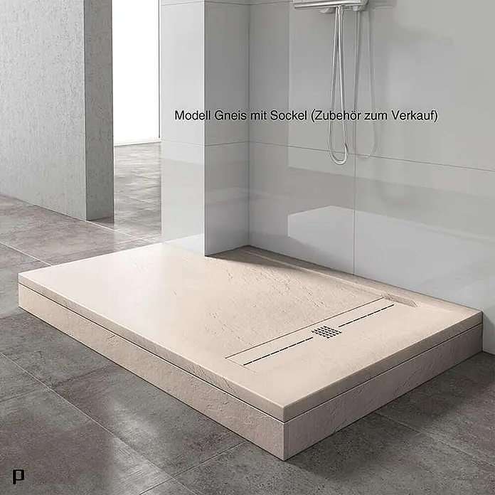 Poalgi Duschwanne Gneis - L x B: 160 x 90 cm, Verbundwerkstoff, Perla - Erhöhte Duschwanne Modell Gneis in Hellbeige mit linearem Ablauf im modernen Bad.
