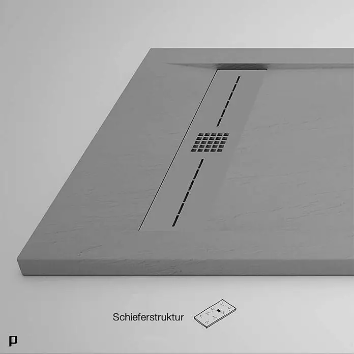 Poalgi Duschwanne Gneis - L x B: 180 x 80 cm, Verbundwerkstoff, Grau - Graue Duschwanne in Schieferstruktur mit linearer Ablaufrinne und quadratischem Rost.