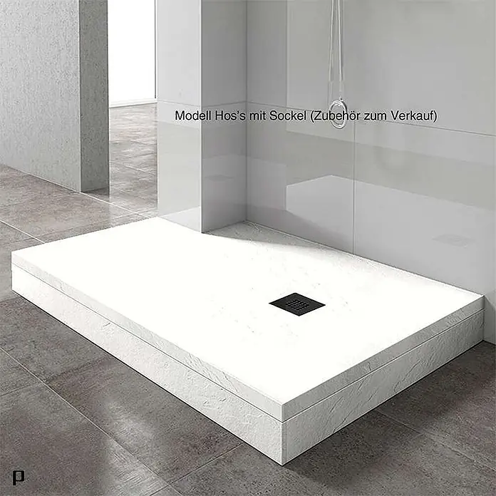 Poalgi Duschwanne Hos's HL - L x B: 200 x 110 cm, Verbundwerkstoff, Blanco - Weiße, texturierte Duschwanne mit schwarzem, quadratischem Abfluss, erhöht auf einem Sockel installiert.