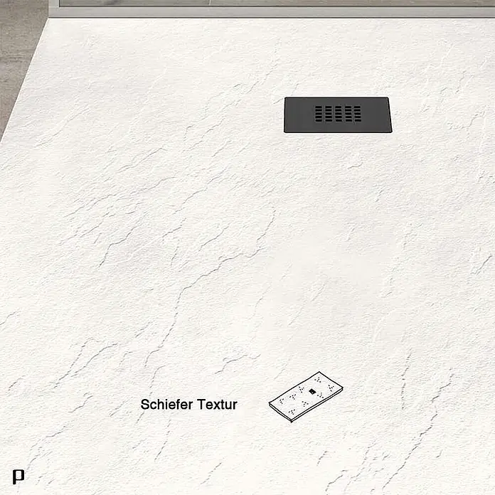 Poalgi Duschwanne Hos's HL - L x B: 200 x 110 cm, Verbundwerkstoff, Blanco - Weiße Duschwanne mit Schiefertextur und dunklem, rechteckigem Ablauf.