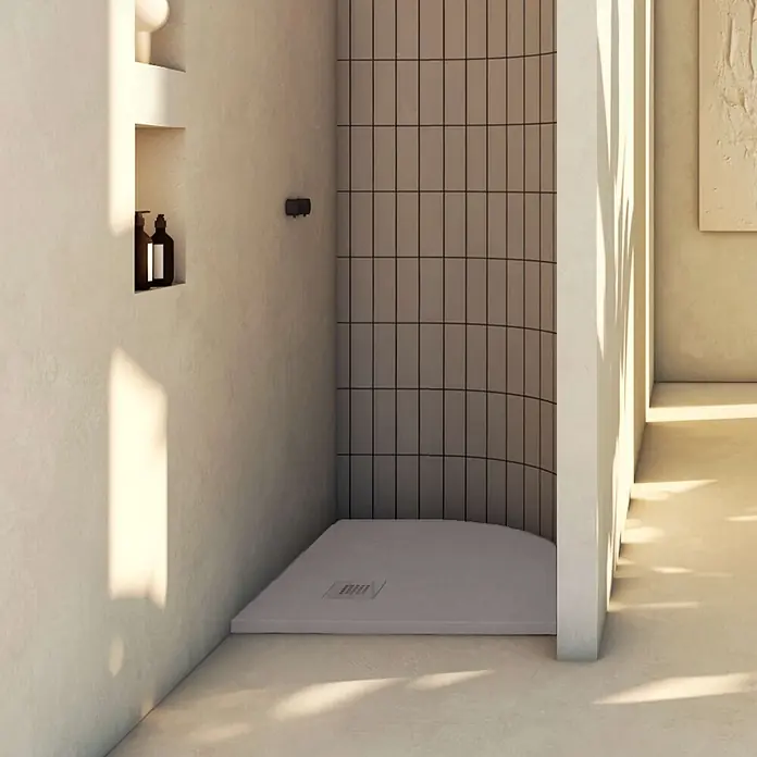 Poalgi Duschwanne Arena - L x B: 90 x 90 cm, Verbundwerkstoff, Concret - Gebogene hellgraue Duschtasse mit integriertem Ablauf in moderner Duschkabine.