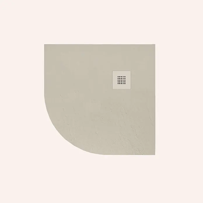 Poalgi Duschwanne Arena - L x B: 90 x 90 cm, Verbundwerkstoff, Marfil - Hellbeigefarbene strukturierte Viertelkreis-Duschwanne mit quadratischem Mittelablauf.