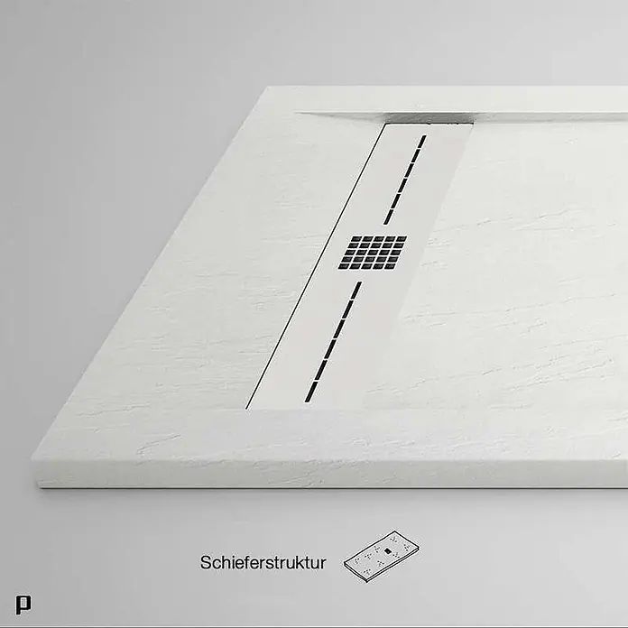 Poalgi Duschwanne Gneis - L x B: 180 x 70 cm, Verbundwerkstoff, Marfil - Weißes Duschbecken mit Schieferstruktur und linearem Ablauf.
