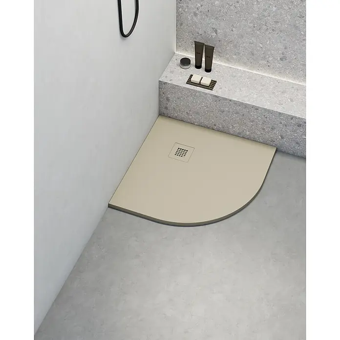 Poalgi Duschwanne Hos's SC - L x B: 80 x 80 cm, Verbundwerkstoff, Weiß - Beige, gebogene Eckduschwanne mit quadratischem Abfluss.