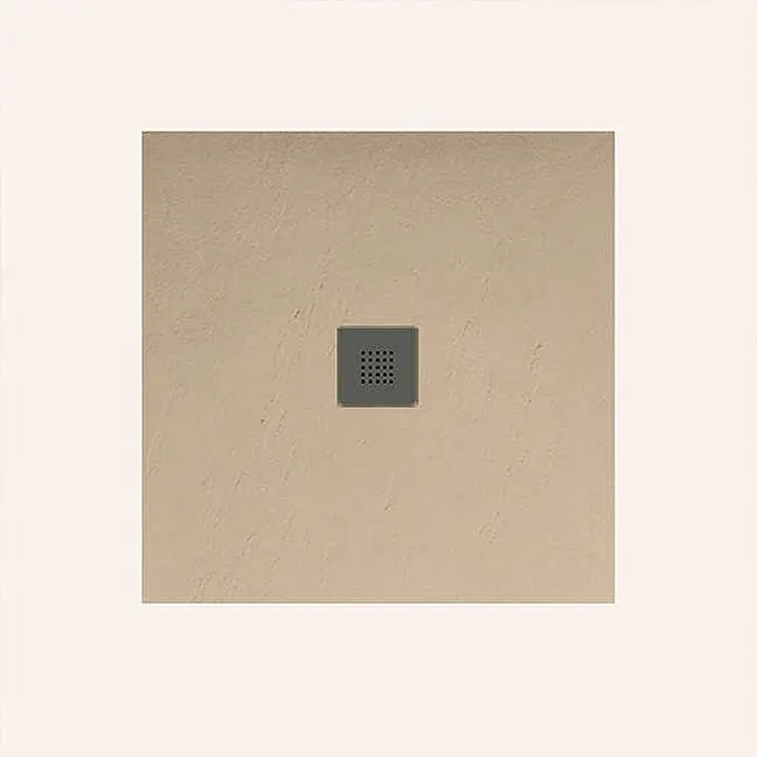 Poalgi Duschwanne Hos's HL - L x B: 80 x 80 cm, Verbundwerkstoff, Beige - Beige strukturierte Duschwanne mit dunkelgrauem quadratischem Ablaufrost.
