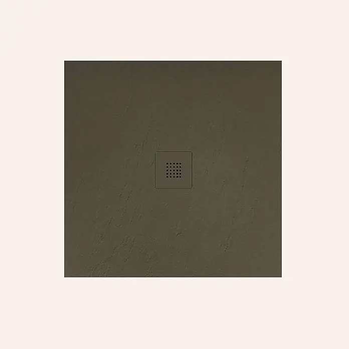 Poalgi Duschwanne Hos's SQ - L x B: 100 x 100 cm, Verbundwerkstoff, Braun - Quadratische Duschwanne in dunklem Khaki mit strukturierter Oberfläche und zentralem Gitterabfluss.