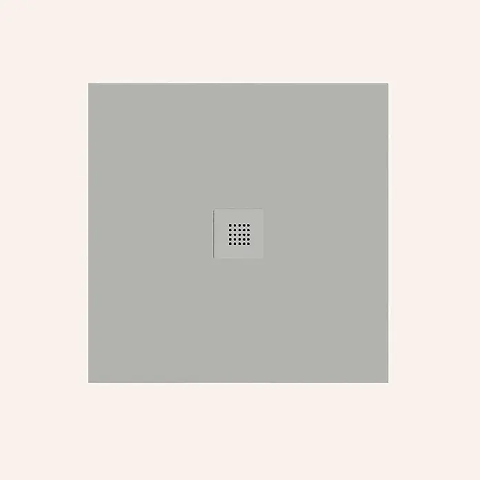 Poalgi Duschwanne Arena SQ - L x B: 100 x 100 cm, Verbundwerkstoff, Grau - Quadratischer hellgrauer Duschabflussrost mit Lochgitter.