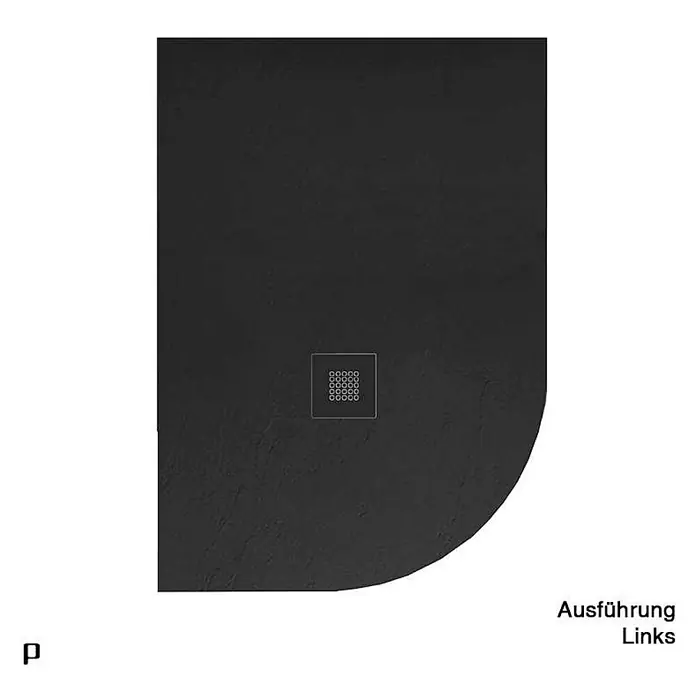 Poalgi Duschwanne Hos's SCA - L x B: 100 x 90 cm, Verbundwerkstoff, Schwarz - Dunkelgraue, strukturierte Viertelkreis-Duschwanne, links, mit quadratischem Ablauf.