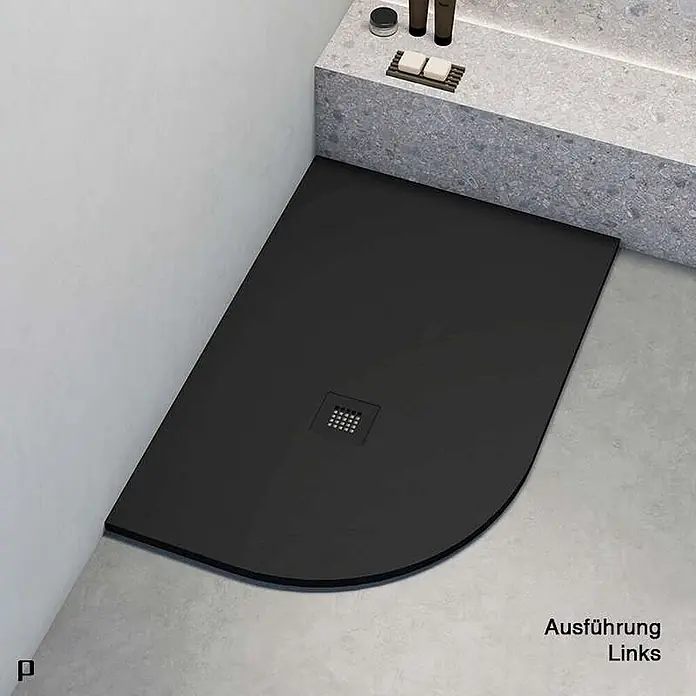 Poalgi Duschwanne Hos's SCA - L x B: 100 x 90 cm, Verbundwerkstoff, Schwarz - Schwarze Viertelkreis-Duschwanne, linke Ausführung, mit mittigem Ablauf, in moderner Dusche.