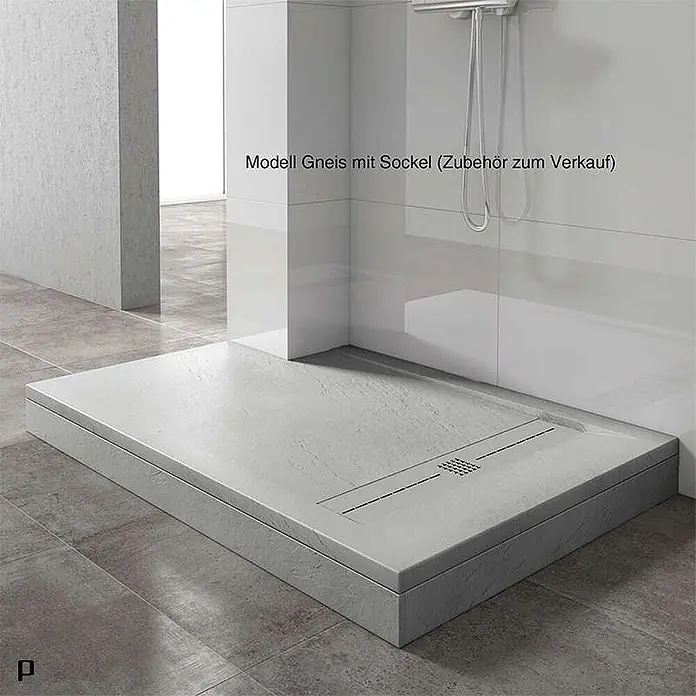 Poalgi Duschwanne Gneis - L x B: 120 x 90 cm, Verbundwerkstoff, Hellgrau - Grau, Gneis-Optik Duschwanne mit Linienablauf, auf erhöhtem Sockel dargestellt.