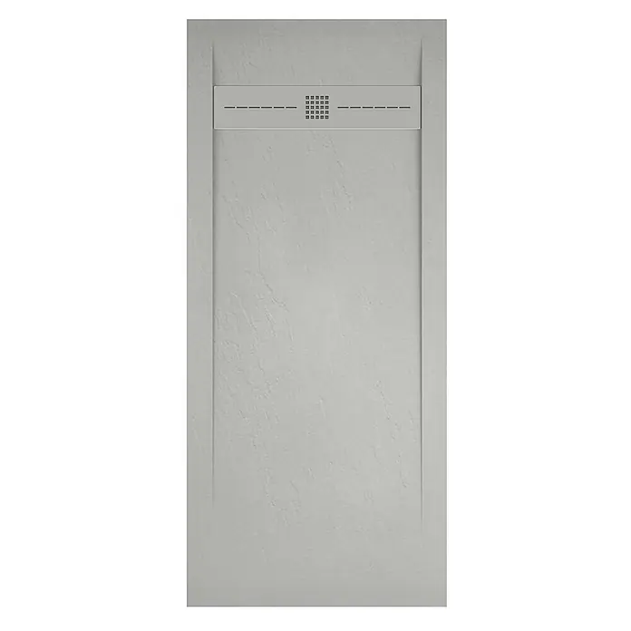 Poalgi Duschwanne Gneis - L x B: 120 x 90 cm, Verbundwerkstoff, Hellgrau - Hellgraue texturierte Duschwanne mit rechteckiger linearer Ablaufrinne mit Gittermuster.