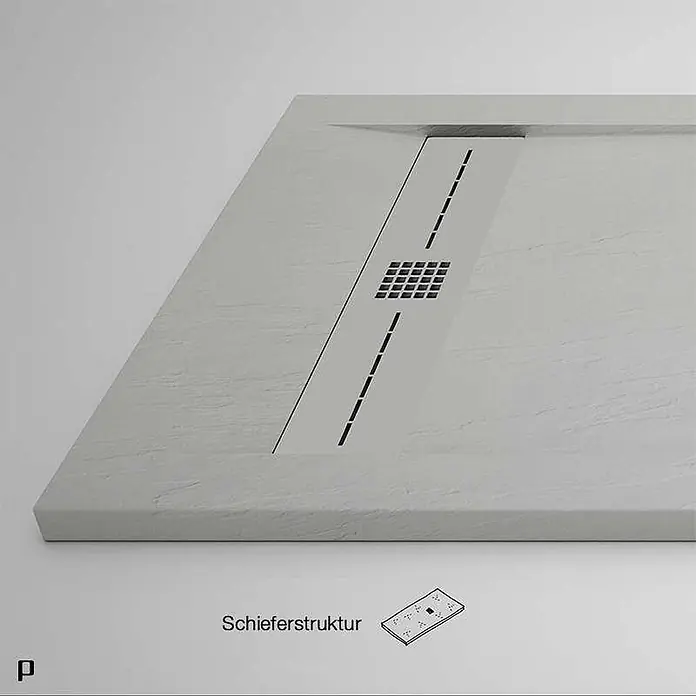 Poalgi Duschwanne Gneis - L x B: 120 x 90 cm, Verbundwerkstoff, Hellgrau - Hellgraue Duschwanne mit Schieferstruktur und integriertem Linienablauf.