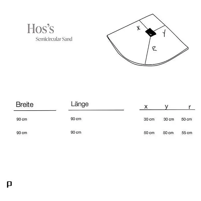 Poalgi Duschwanne Arena - L x B: 90 x 90 cm, Verbundwerkstoff, Blanco - Diagramm einer halbrunden Duschwanne mit Gesamtmaßen (90x90 cm) und Ausschnittdetails (x, y, r Werte).