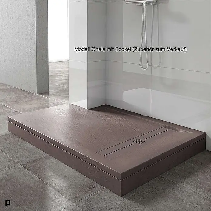 Poalgi Duschwanne Gneis - L x B: 180 x 80 cm, Verbundwerkstoff, Braun - Rechteckige, dunkelbraune Duschwanne mit Steintextur und linearem Abfluss, leicht erhöht.