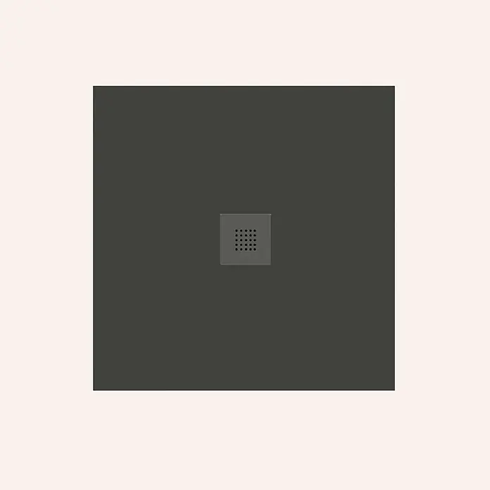 Poalgi Duschwanne Arena SQ - L x B: 100 x 100 cm, Verbundwerkstoff, Schwarz - Dunkelgraue quadratische Duschwanne mit mittigem quadratischem Ablaufdeckel mit runden Perforationen.