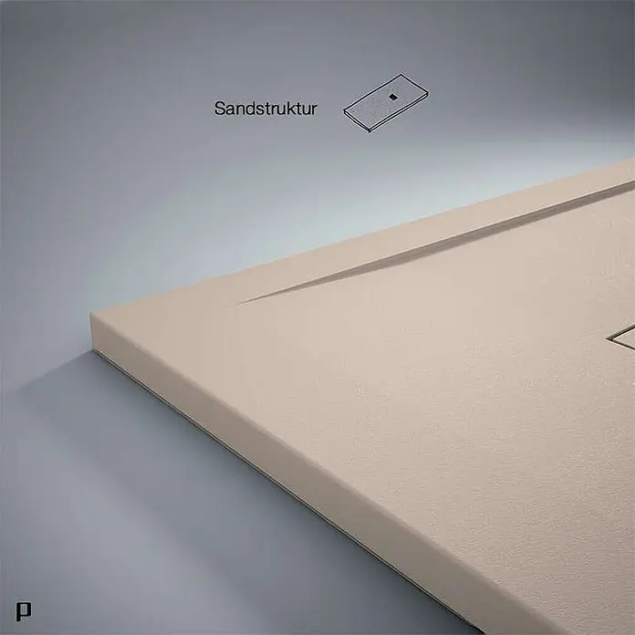 Poalgi Duschwanne Clay - L x B: 140 x 90 cm, Verbundwerkstoff, Weiß - Beige Duschwanne mit Sandstruktur. Eine kleine Zeichnung zeigt die passende Ablaufrinne mit Sandstruktur.