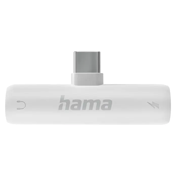Hama Audio-Adapter 00201723 Audio-Adapter USB-C - 35-mm-Klinke USB-C PD inkl. Ladefunktion -  - Weißer Hama USB-C Adapter für gleichzeitige Audio- und Ladefunktion, mit Kopfhörer- und Blitzsymbolen.