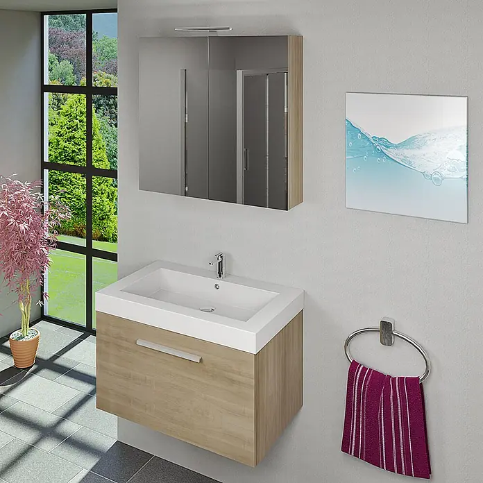 AcquaVapore Spiegelschrank Fertigdusche City-SPS-B080-F09-LED-EBox - B x H: 16 x 75 cm - Wandhängender Badezimmerschrank in heller Holzoptik mit integriertem Waschbecken und passendem Spiegelschrank.
