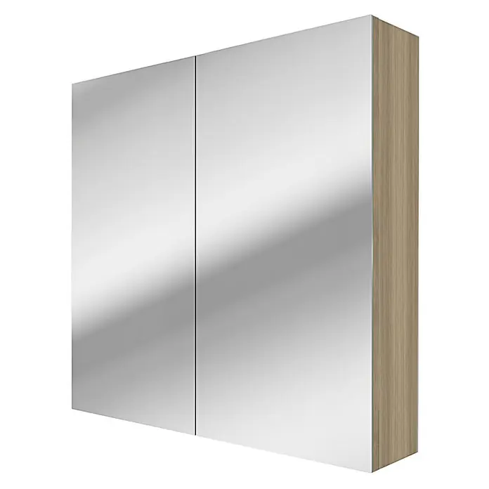 AcquaVapore Spiegelschrank Fertigdusche City-SPS-B080-F09-LED-EBox - B x H: 16 x 75 cm - Zweitüriger Spiegelschrank fürs Bad mit heller Holzmaserung an der Seite.