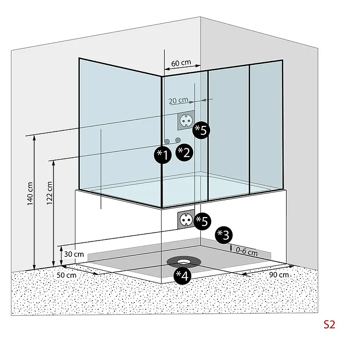 AcquaVapore Komplettdusche Dampfdusche K88-WS-EH-C - Weiß - Technische Zeichnung einer Duschkabine mit Glaswand, zeigt Installationsmaße für Armaturen, Abfluss und Steckdosen.