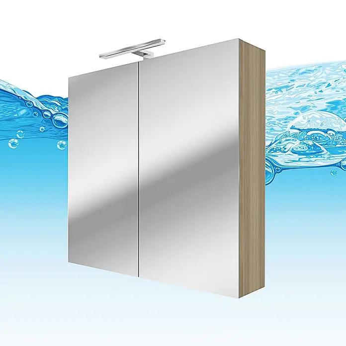 AcquaVapore Spiegelschrank Fertigdusche City-SPS-B080-F09-LED-EBox - B x H: 16 x 75 cm - Zweitüriger Spiegelschrank fürs Bad mit integrierter Beleuchtung und Holzoptik-Seitenpaneelen.