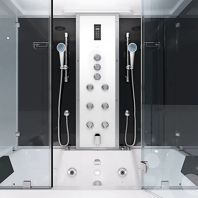 AcquaVapore Komplettdusche Dampfdusche K80-SW-TH-C-EC-SC - Schwarz - Moderne weiße und schwarze Duschkabine mit Badewanne, Chrom-Körperdüsen, Handbrausen und digitalem Bedienfeld.