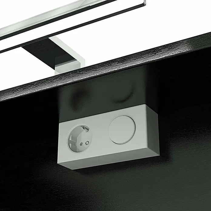 AcquaVapore Spiegelschrank Fertigdusche City-SPS-B080-F07-LED - B x H: 16 x 75 cm - Hellgraues Untertisch-Strommodul mit Schuko-Steckdose und Blindabdeckung, unter dunkler Holzmaserungsfläche montiert.