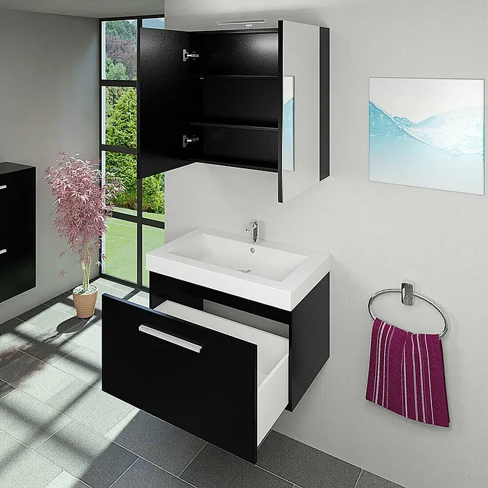 AcquaVapore Spiegelschrank Fertigdusche City-SPS-B080-F07-LED - B x H: 16 x 75 cm - Moderne schwarz-weiße wandmontierte Badmöbel mit Keramikwaschbecken, offener Schublade und passendem Spiegelschrank.