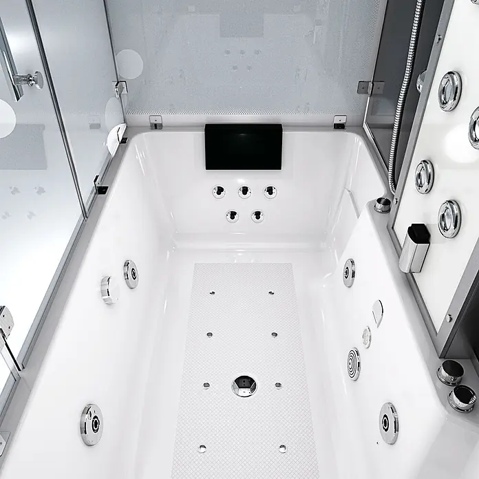 AcquaVapore Komplettdusche Dampfdusche K80-SW-TH-C-EC-SC - Schwarz - Moderne weiße Whirlpool-Badewanne mit Chromdüsen, Bedienelementen und integriertem Bildschirm in einer Duschkabine.
