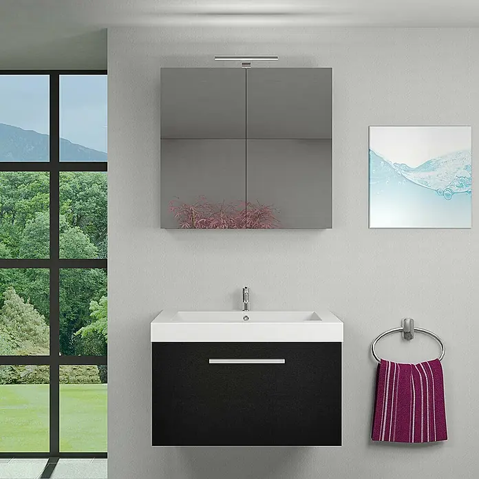 AcquaVapore Spiegelschrank Fertigdusche City-SPS-B080-F07-LED - B x H: 16 x 75 cm - Schwarz-weißer schwebender Badunterschrank mit integriertem Waschbecken, Spiegelschrank und Handtuchring in modernem Badambiente.