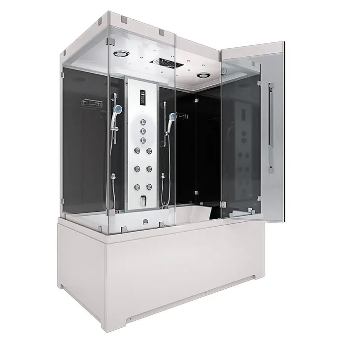 AcquaVapore Komplettdusche Dampfdusche K80-SW-TH-C-EC-SC - Schwarz - Moderne weiße Duschkabine mit klaren Glaswänden, integriertem Jet-Panel und Badewanne für luxuriöses Badeerlebnis.