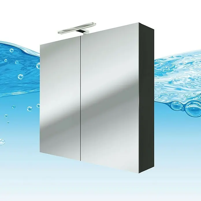 AcquaVapore Spiegelschrank Fertigdusche City-SPS-B080-F07-LED - B x H: 16 x 75 cm - Spiegelschrank mit zwei Türen und Leuchte, dunkler Seitenwand, vor blauem Wasserhintergrund.