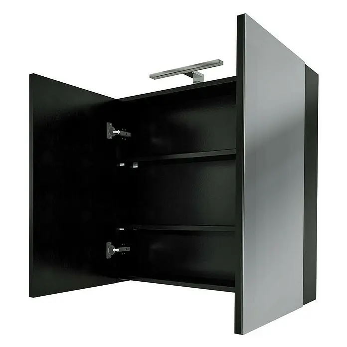 AcquaVapore Spiegelschrank Fertigdusche City-SPS-B080-F07-LED - B x H: 16 x 75 cm - Offener schwarzer Badspiegelschrank mit grauer Tür, zwei Innenablagen und integrierter Chromleuchte.