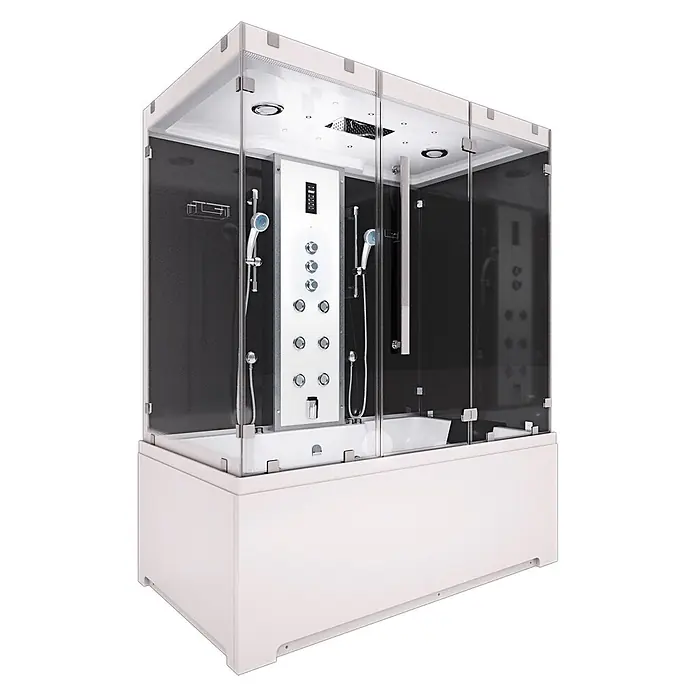 AcquaVapore Komplettdusche Dampfdusche K80-SW-TH-C-EC-SC - Schwarz - Moderne Duschkabine aus weißem und schwarzem Glas mit integrierter Badewanne und mehreren Duschköpfen.