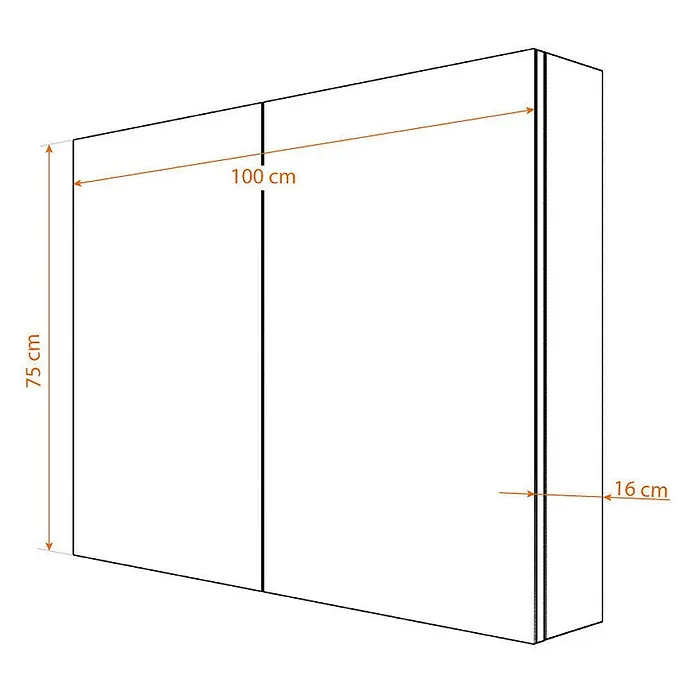 AcquaVapore Spiegelschrank Fertigdusche City-SPS-B100-F01-LED - B x H: 16 x 75 cm - Strichzeichnung eines rechteckigen Schranks mit zwei Türen, 100 cm breit, 75 cm hoch und 16 cm tief.