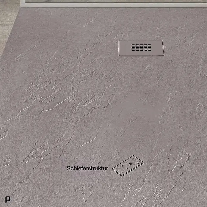 Poalgi Duschwanne Hos's - L x B: 110 x 75 cm, Verbundwerkstoff, Concret - Graue Duschwanne mit Schieferstruktur und integriertem Ablauf.