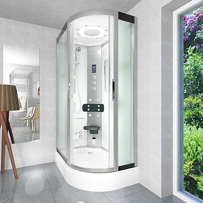 AcquaVapore Komplettdusche Fertigdusche D60-70M1R-EC - Weiß - Moderne Viertelkreis-Duschkabine mit klarem und mattiertem Glas, Massagedüsen, Regenduschkopf und Klappsitz.