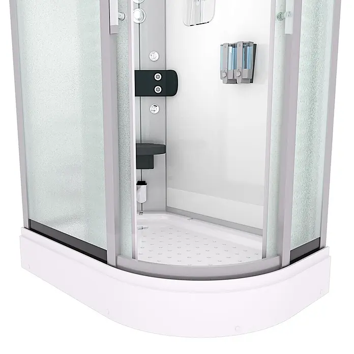 AcquaVapore Komplettdusche Fertigdusche D60-70M1R-EC - Weiß - Viertelkreis-Duschkabine mit Milchglasplatten, weißer Duschwanne, grauem Rahmen und integrierter Steuerung sowie Seifenspendern.