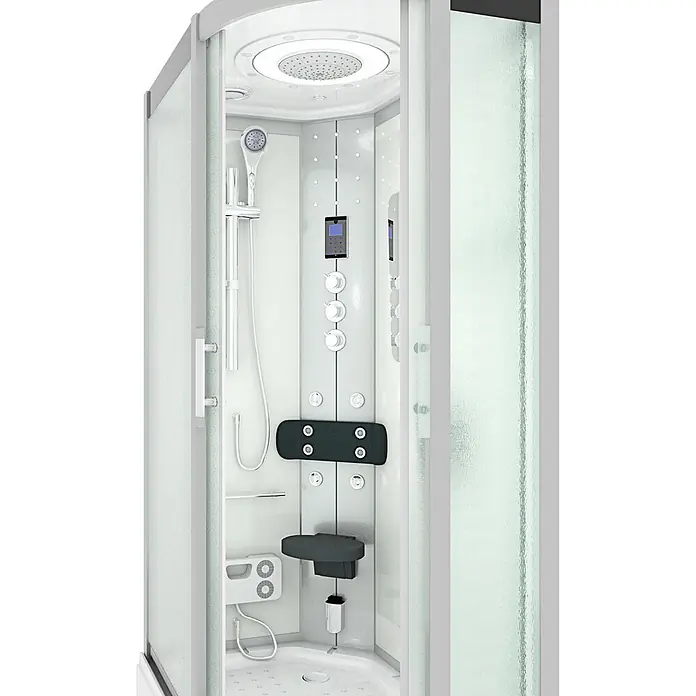 AcquaVapore Komplettdusche Fertigdusche D60-70M1R-EC - Weiß - Moderne Duschkabine mit Milchglastüren, weißer Innenausstattung, Kopf- und Handbrause, Massagedüsen, digitalem Bedienfeld und Klappsitz.