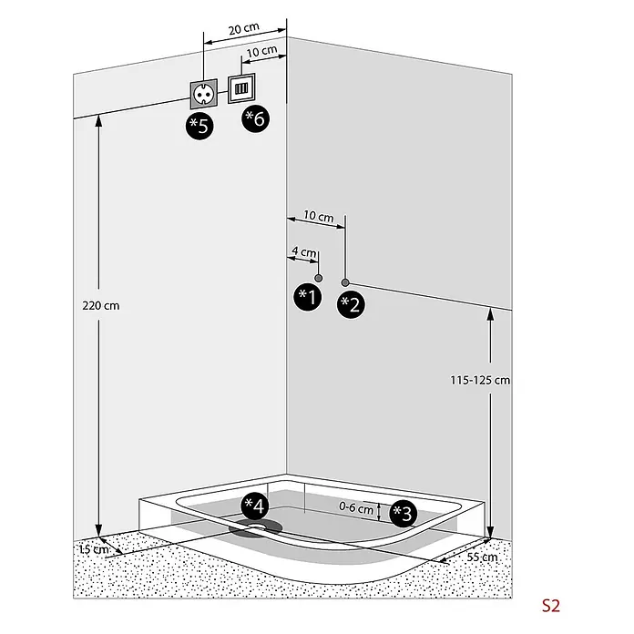 AcquaVapore Komplettdusche Fertigdusche D60-70M1R-EC - Weiß - Technisches Diagramm eines Duschbereichs mit Duschwanne, das Wasseranschlüsse, Steckdosen und wichtige Einbaumaße für ein Badezimmer zeigt.