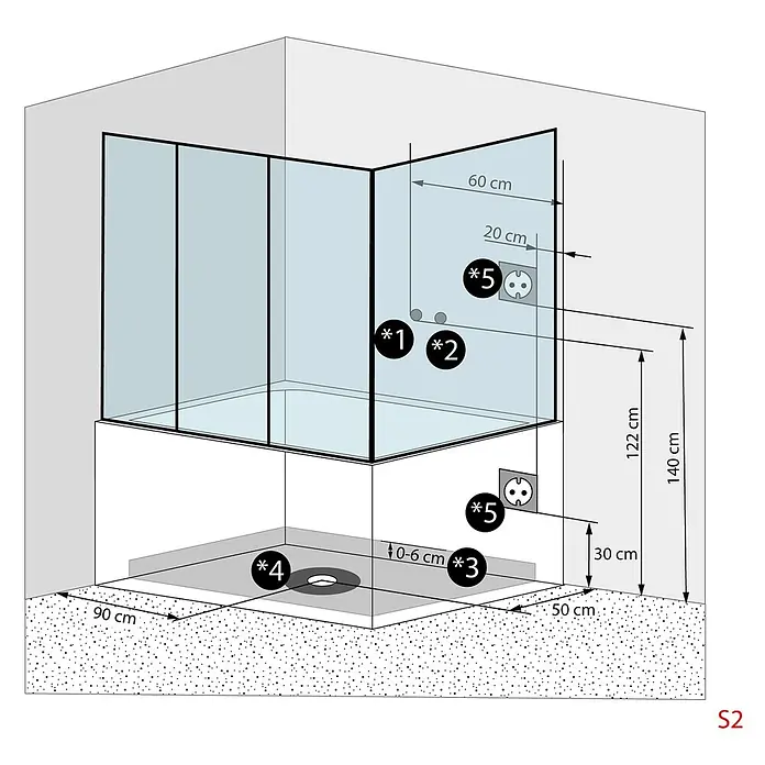 AcquaVapore Komplettdusche Dampfdusche K80-WS-TH-A-SC - 100 x 180 x 228 cm, Weiß - Technisches Diagramm einer Eckdusche mit Glaswänden, Maßen, Sanitär- und Elektroanschlüssen für die Installation.