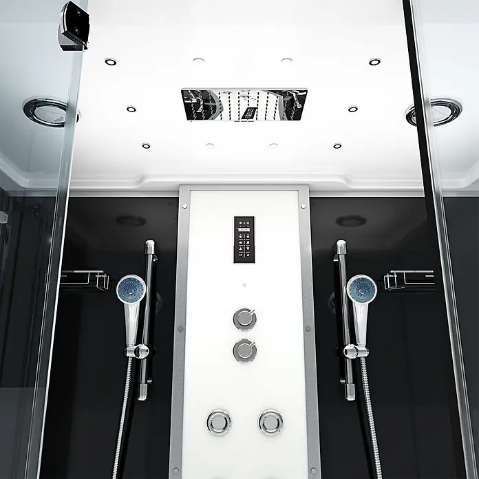 AcquaVapore Komplettdusche Dampfdusche K80-SW-EH-A-SC - 100 x 180 x 228 cm, Schwarz - Modernes Duschkabinen-Interieur mit schwarzen Wänden, weißem Bedienfeld, Chrom-Handbrausen und Kopfbrause.