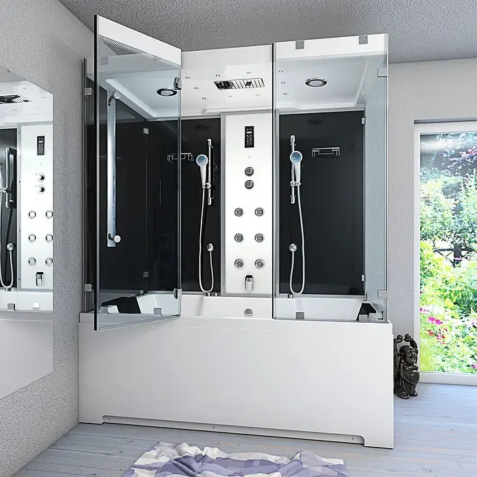 AcquaVapore Komplettdusche Dampfdusche K80-SW-EH-A-SC - 100 x 180 x 228 cm, Schwarz - Moderne weiß-schwarze Dusch-Badewannen-Kombination mit Glastüren und mehreren Duschfunktionen in einem Badezimmer.