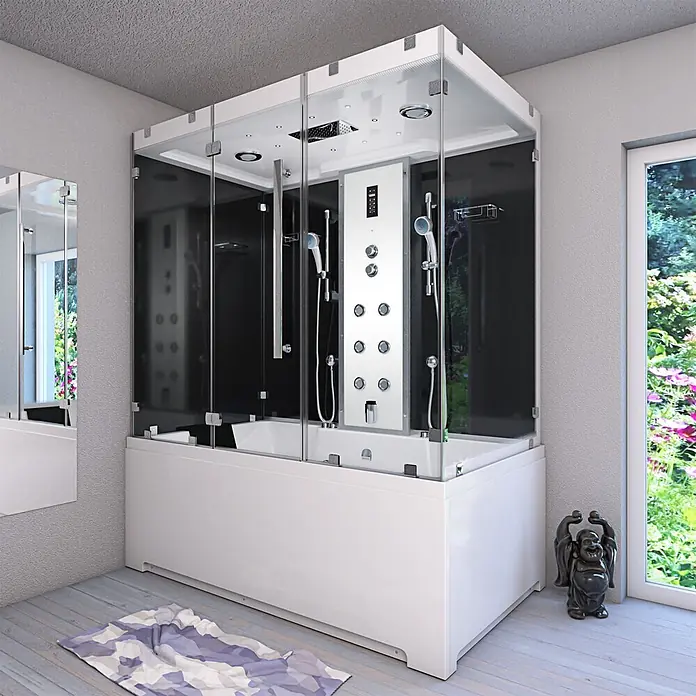 AcquaVapore Komplettdusche Dampfdusche K80-SW-EH-A-SC - 100 x 180 x 228 cm, Schwarz - Moderne weiße Dusch- und Badewannenkombination mit Glasabtrennung, schwarzen Paneelen, mehreren Brausen und Bedienfeld.