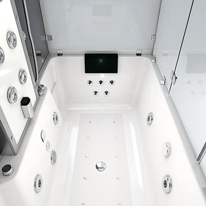 AcquaVapore Komplettdusche Dampfdusche K80-SW-TH-B-EC-SC - 180 x 100 x 228 cm, Schwarz - Moderne weiße Whirlpool-Badewanne mit Chrom-Massagedüsen, integriertem Bildschirm und rutschfester Bodenstruktur.
