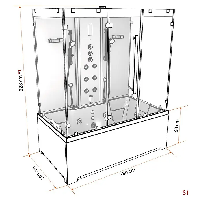AcquaVapore Komplettdusche Dampfdusche K80-WS-TH-A-SC - 100 x 180 x 228 cm, Weiß - Weiße Badewanne mit transparenter Glasduschkabine, ausgestattet mit mehreren Duschdüsen. Maße: 180x100x228cm.